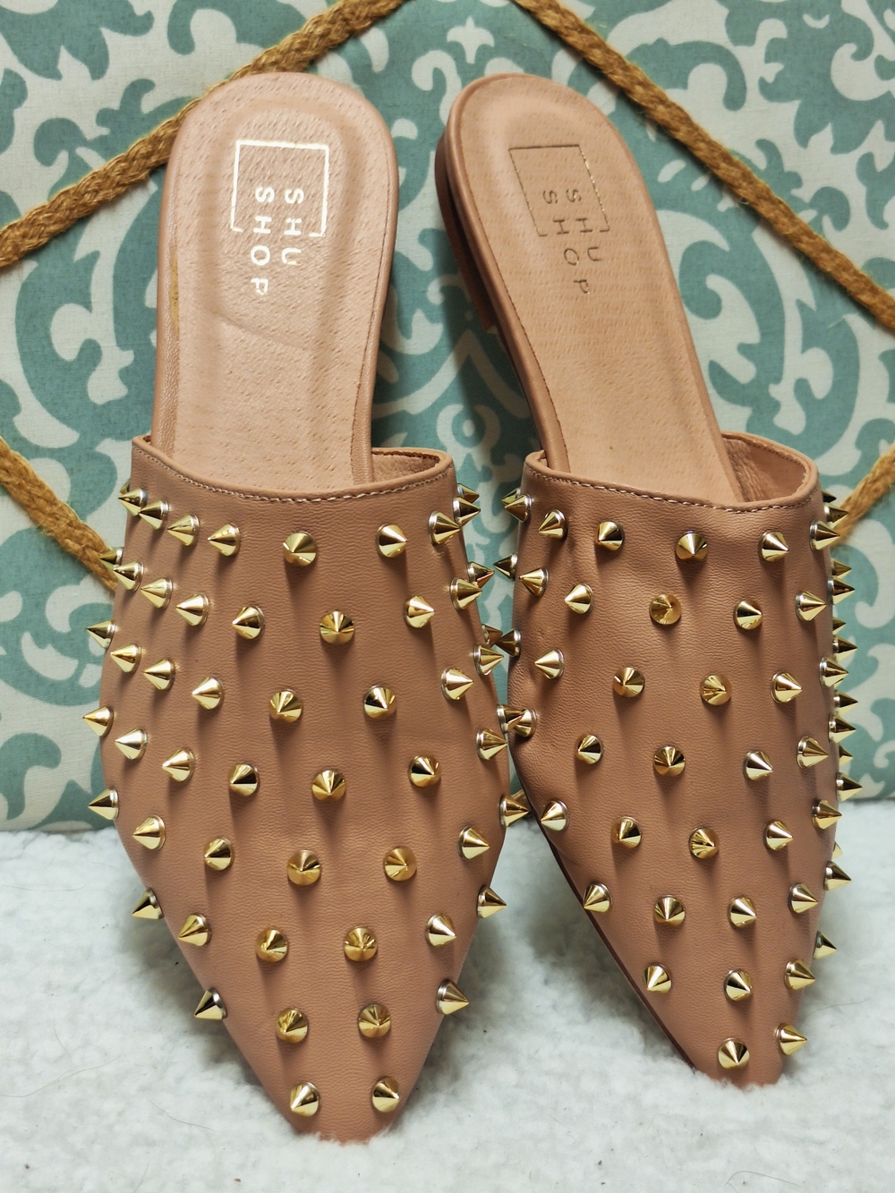 ShuShop Aimee Women's Tan Studded Pointed Mules 7